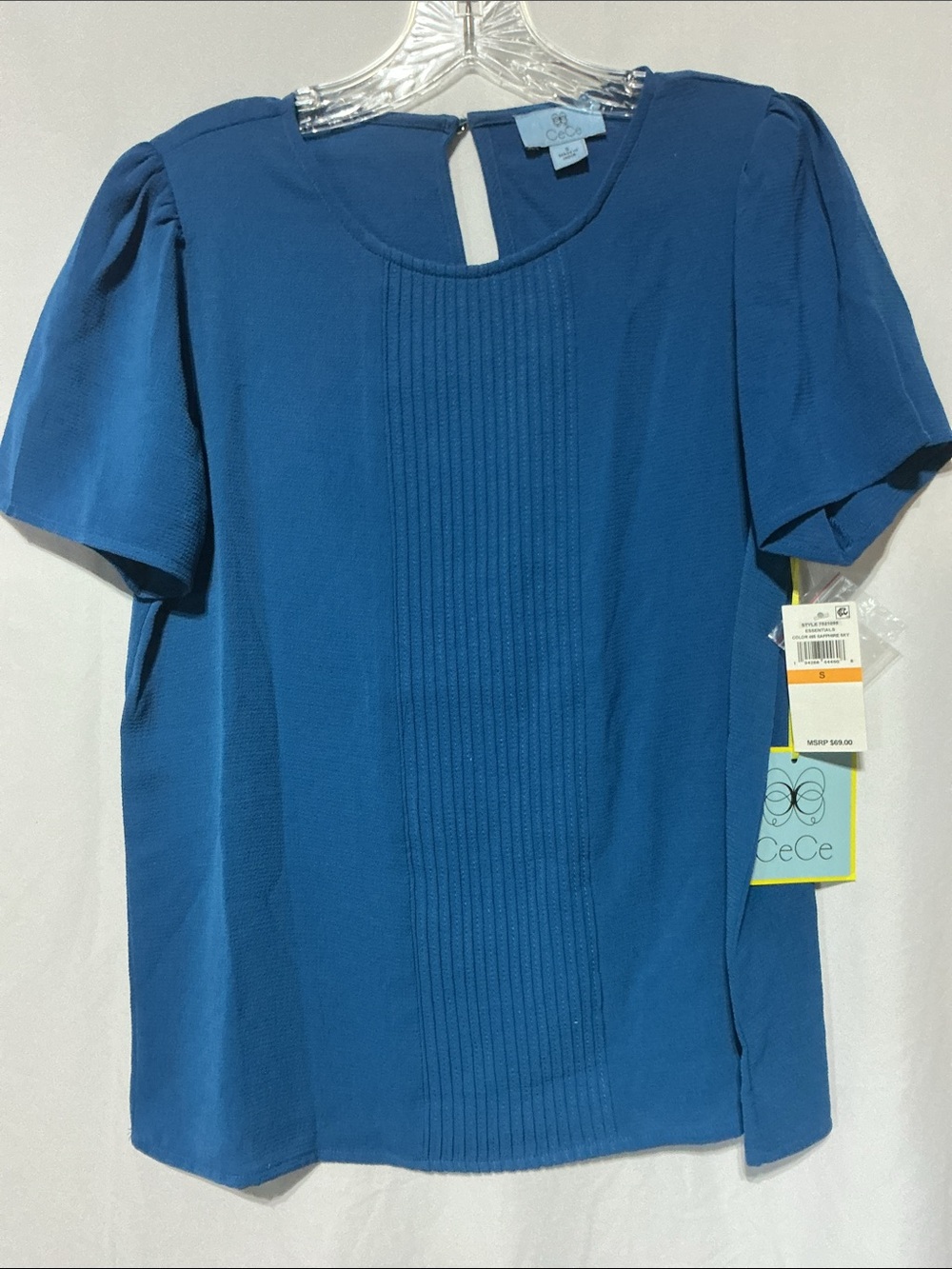 Cece Women’s NWT Blue Pintucked Short Sleeve Blouse Sz S